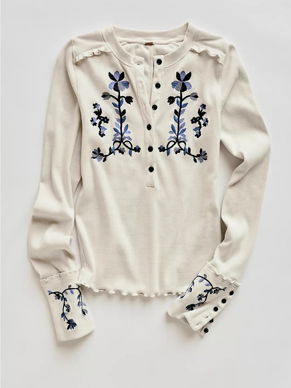 Free People Fleur Embroidered Cuff Henley Top White Blue XS